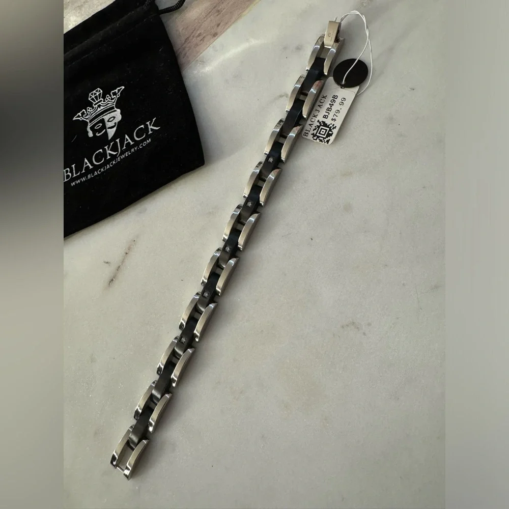 Mens Curved Link Two Tone Black Stainless Steel Bracelet With Cubic Zirconia
